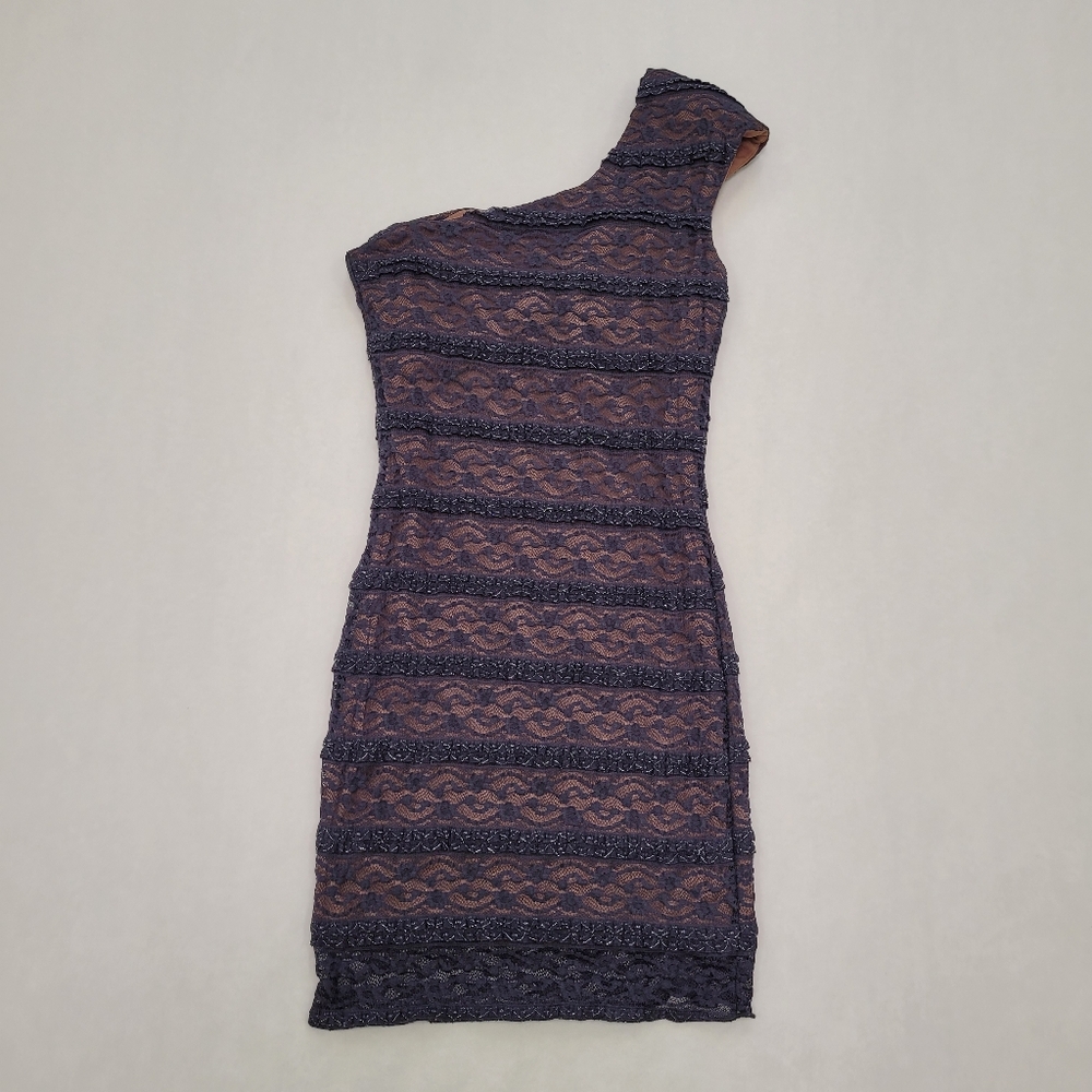 Bloom One Shoulder Metallic Ruffle Lace Mini Dress - Picture 9 of 12